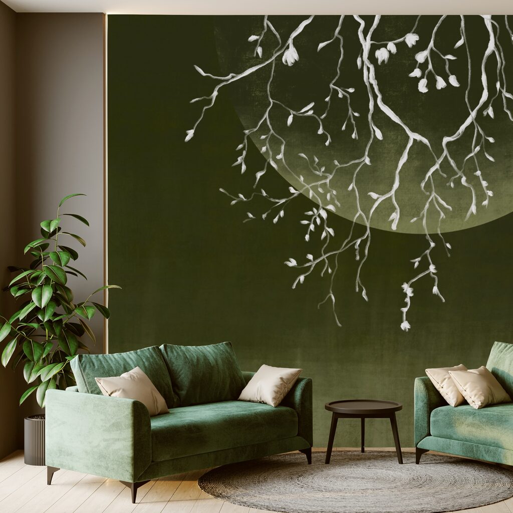 Tree branches with leaves and a moon Tree branches with leaves and a moon