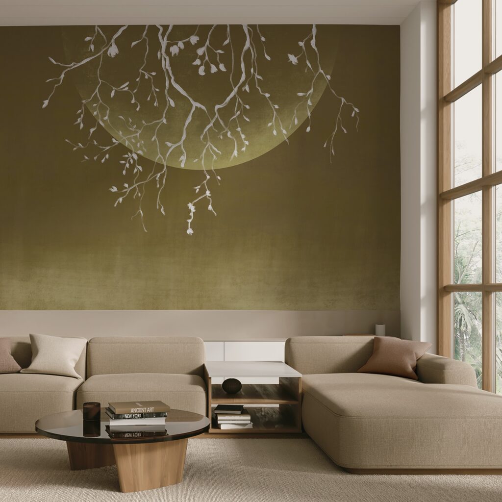 Tree branches with leaves and a moon Tree branches with leaves and a moon