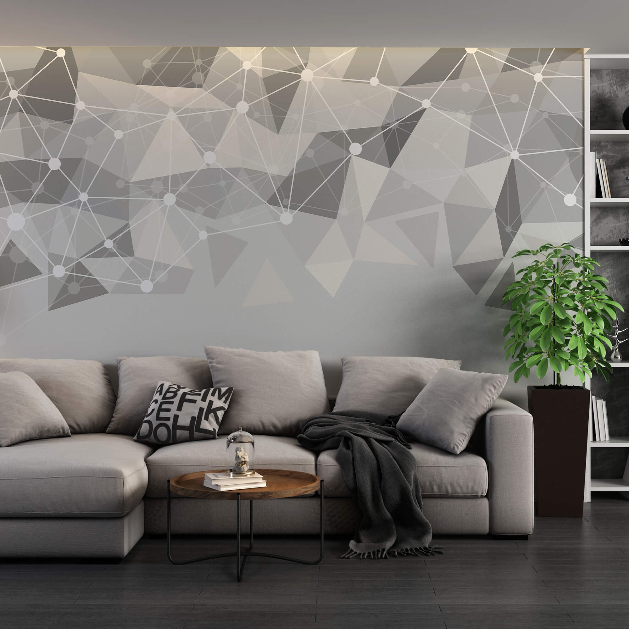 Grey and white background with white dots and triangles Grey and white background with white dots and triangles