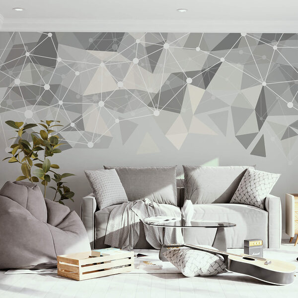 Grey and white background with white dots and triangles Grey and white background with white dots and triangles