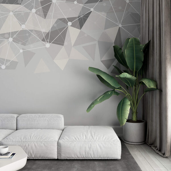 Grey and white background with white dots and triangles Grey and white background with white dots and triangles