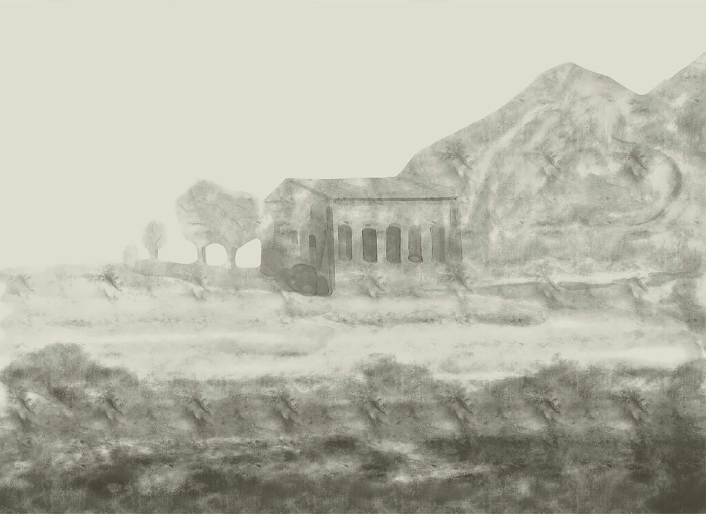 Drawing of a building and a mountain Drawing of a building and a mountain