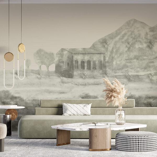 Drawing of a building and a mountain Drawing of a building and a mountain