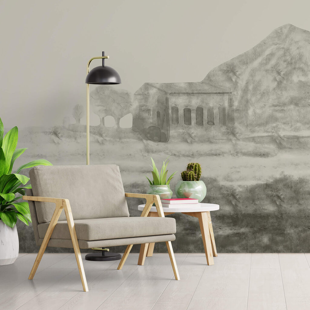 Drawing of a building and a mountain Drawing of a building and a mountain