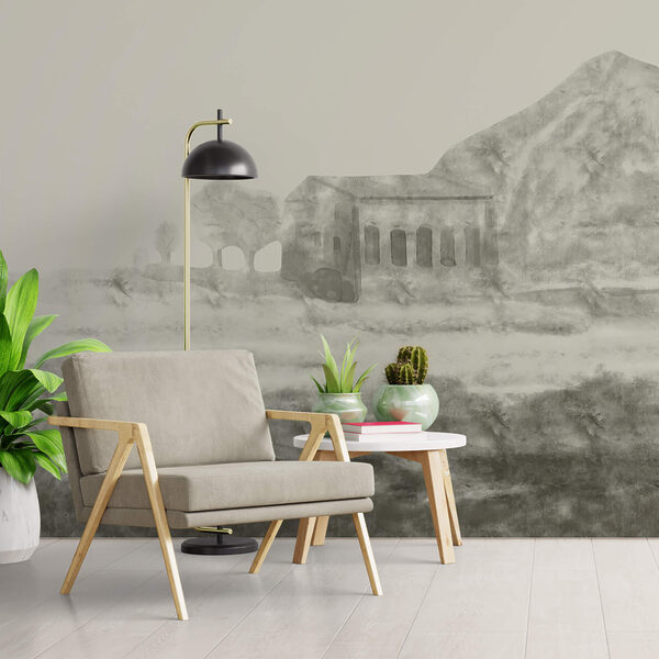 Drawing of a building and a mountain Drawing of a building and a mountain