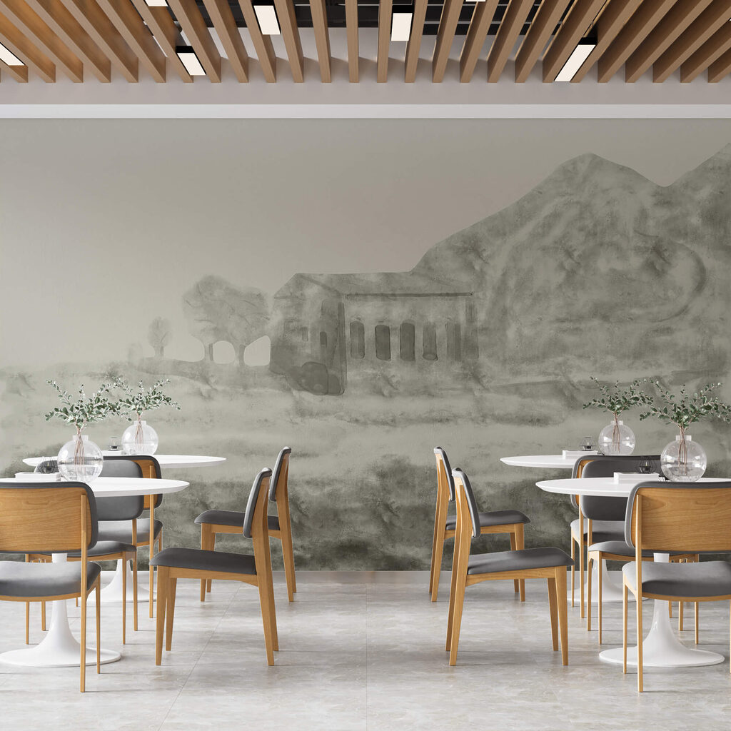 Drawing of a building and a mountain Drawing of a building and a mountain