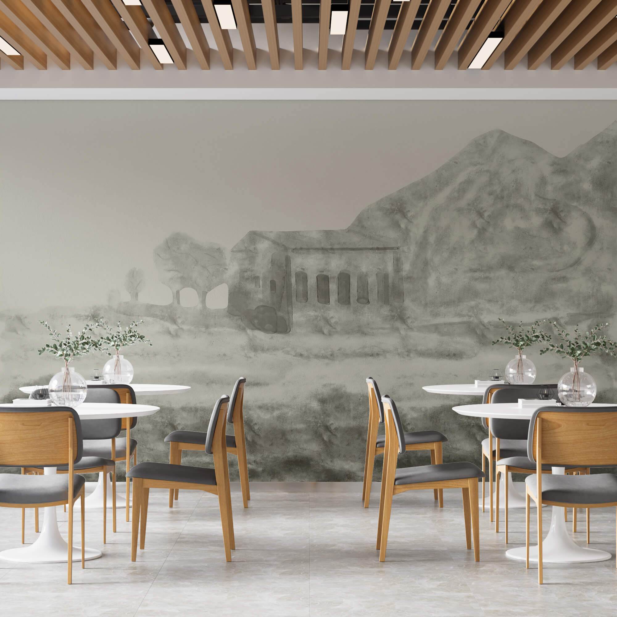 Drawing of a building and a mountain Drawing of a building and a mountain