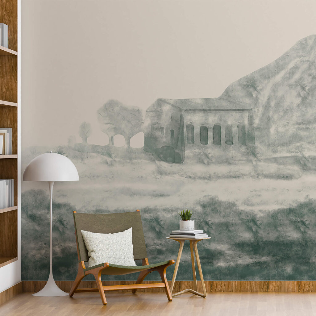 Painting of a building and a mountain Painting of a building and a mountain