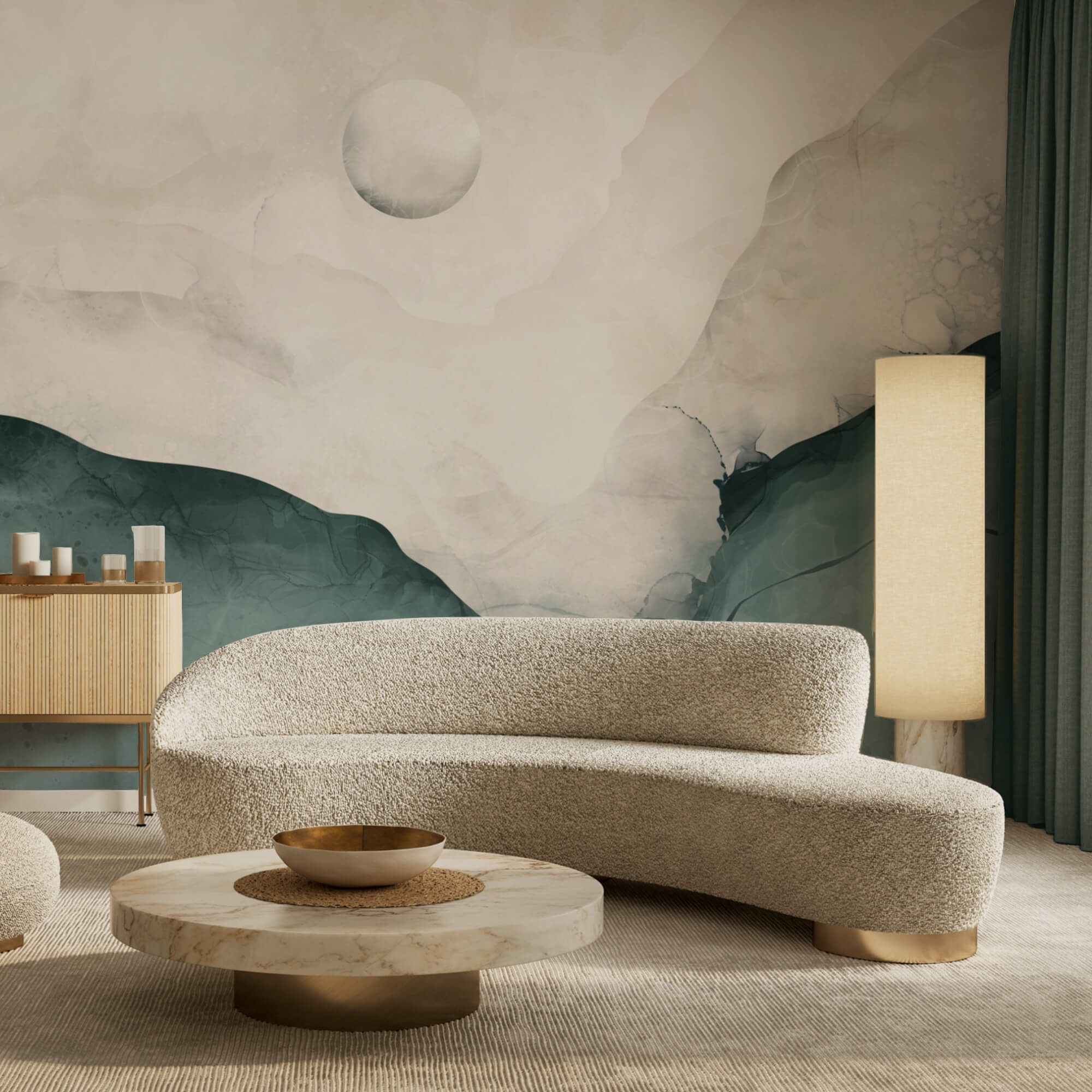 Painting of a mountain with a moon in the sky