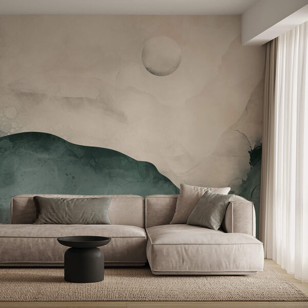 Painting of a mountain with a moon in the sky