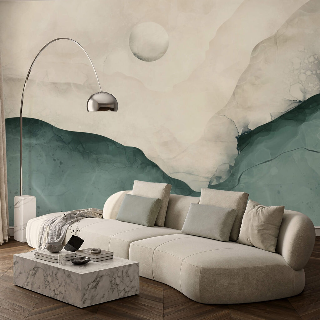 Painting of a mountain with a moon in the sky