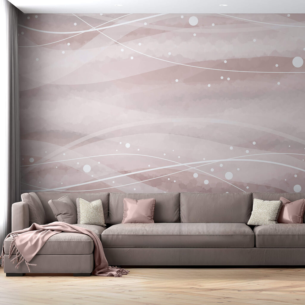 White lines and dots on a pink background