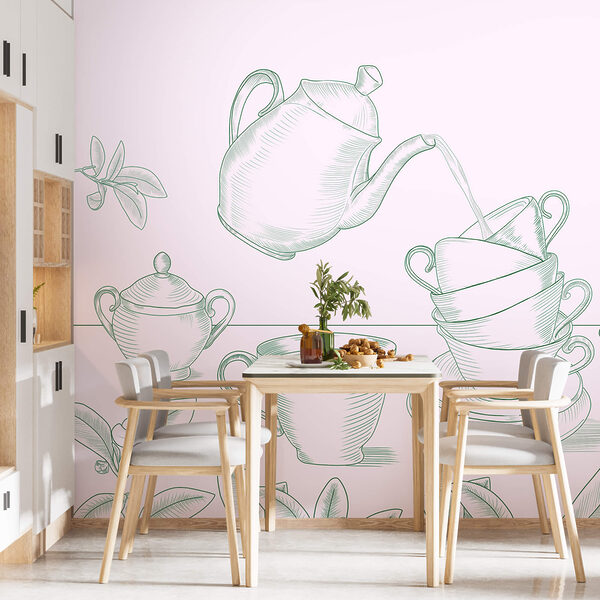 Teapot pouring tea into a stack of teacups