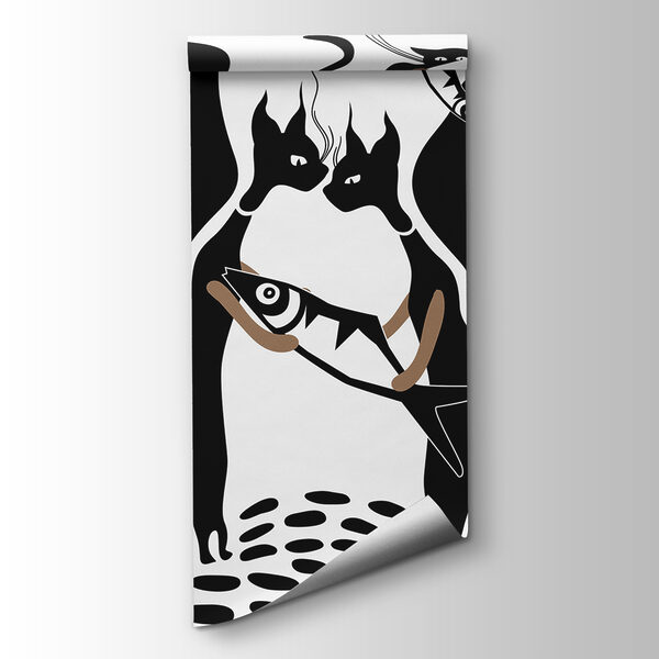 Black and white cat with fish and fish Black and white cat with fish and fish