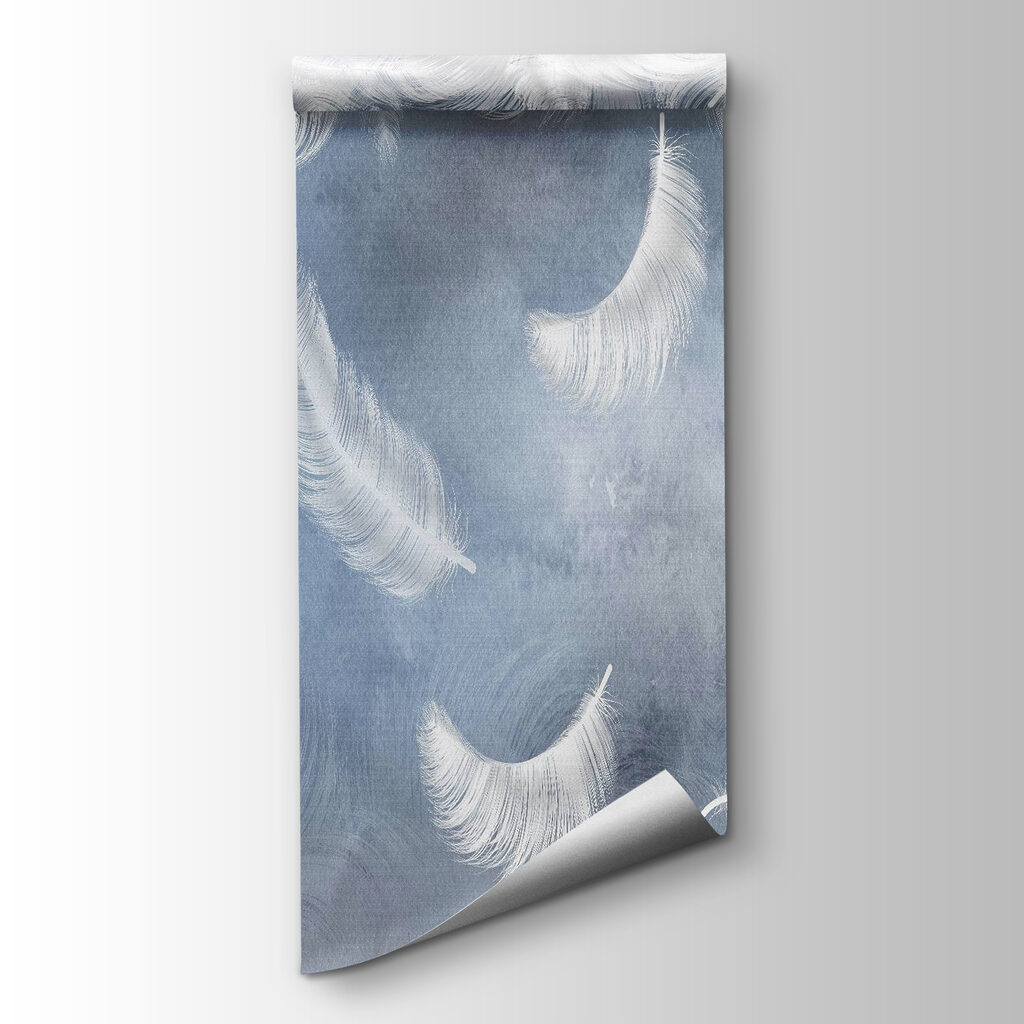 White feathers on a blue background