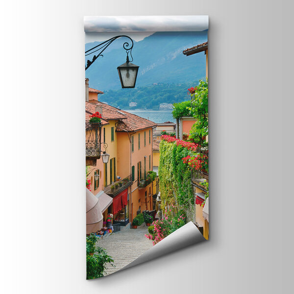 Street with a lamp and flowers on it Street with a lamp and flowers on it