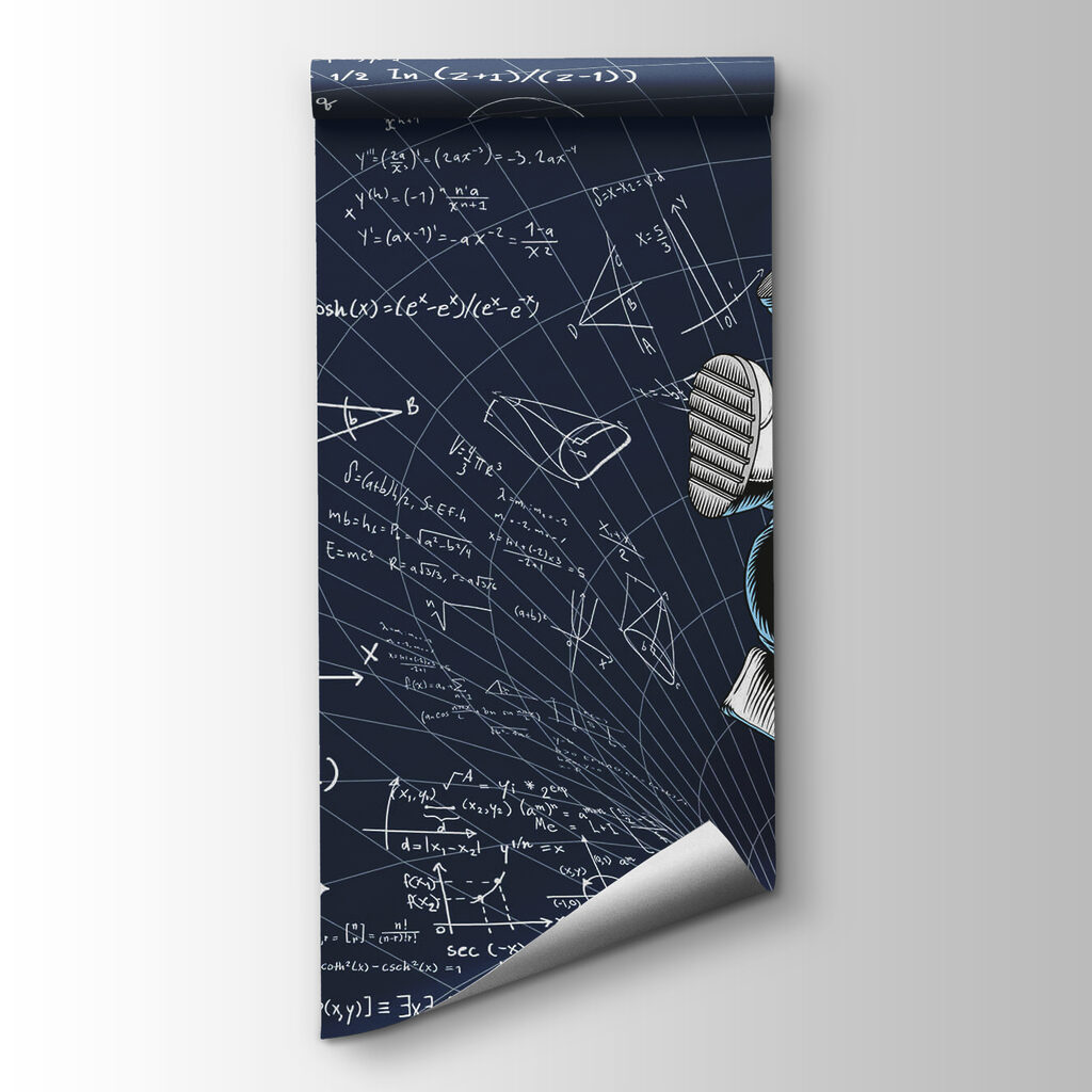 Man in space suit falling on a board with math equations