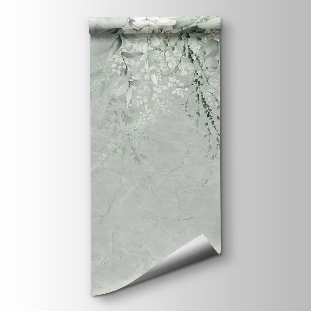 White flowers and green leaves on a white background White flowers and green leaves on a white background