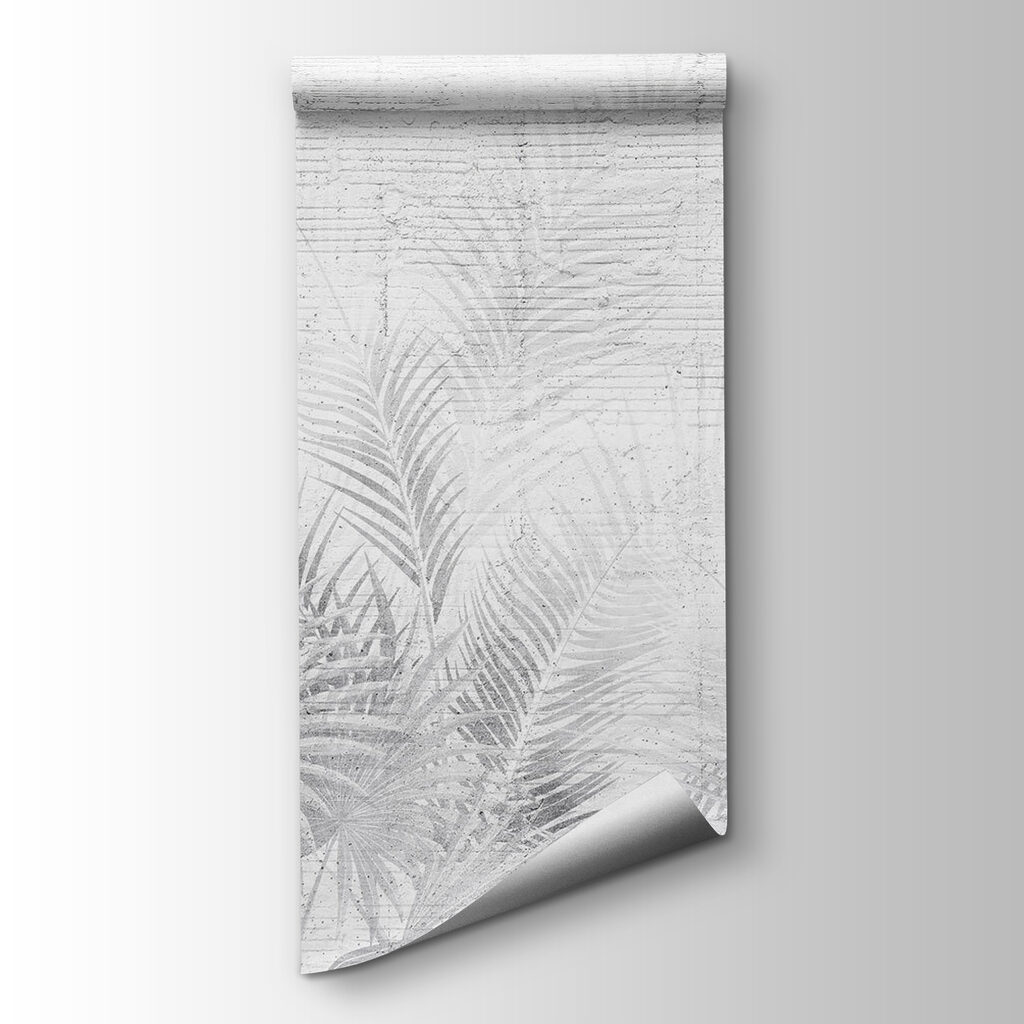 White and grey background with palm leaves