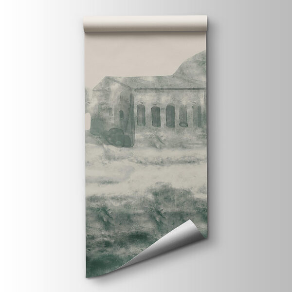 Painting of a building and a mountain Painting of a building and a mountain