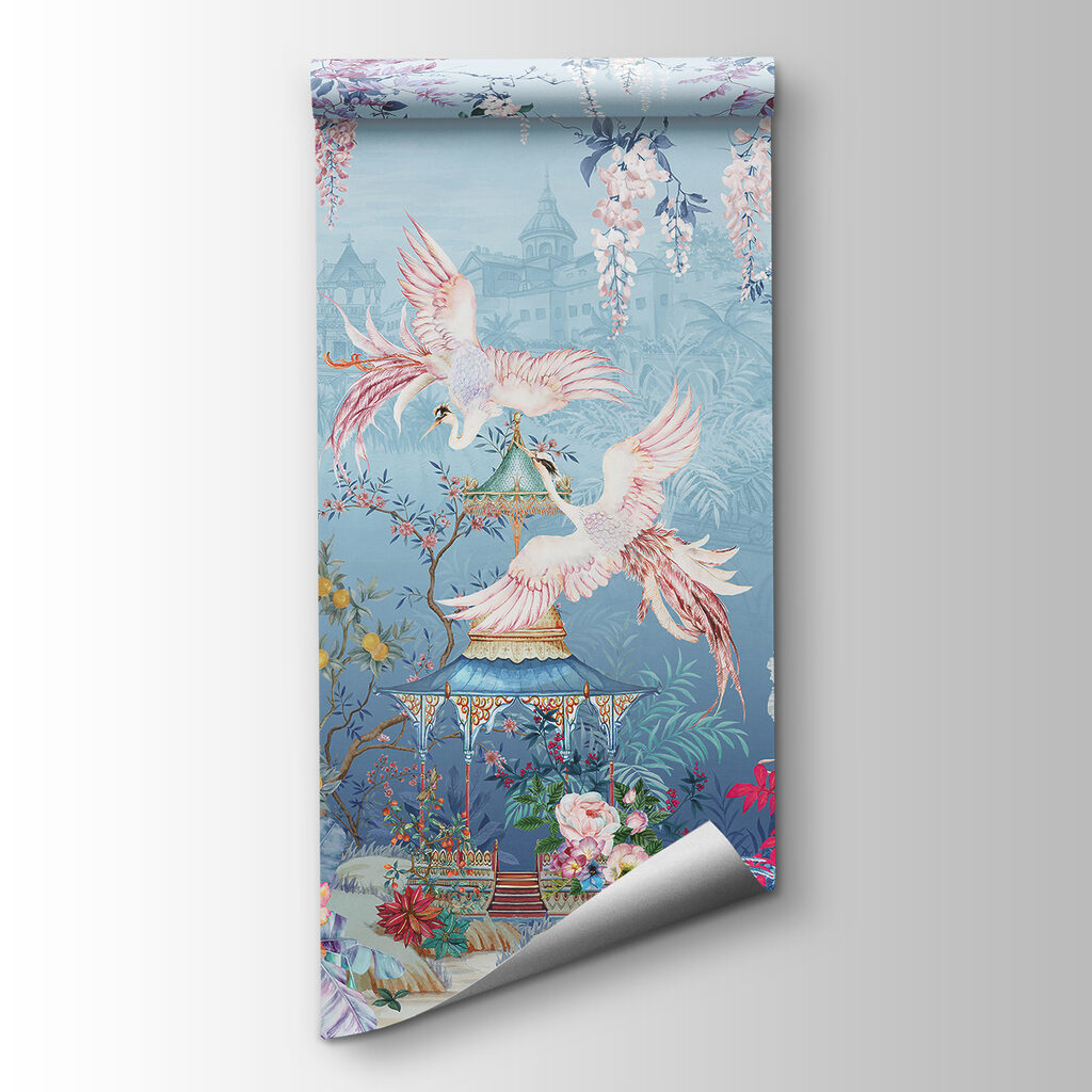 Painting of birds flying over a pagoda and flowers Painting of birds flying over a pagoda and flowers