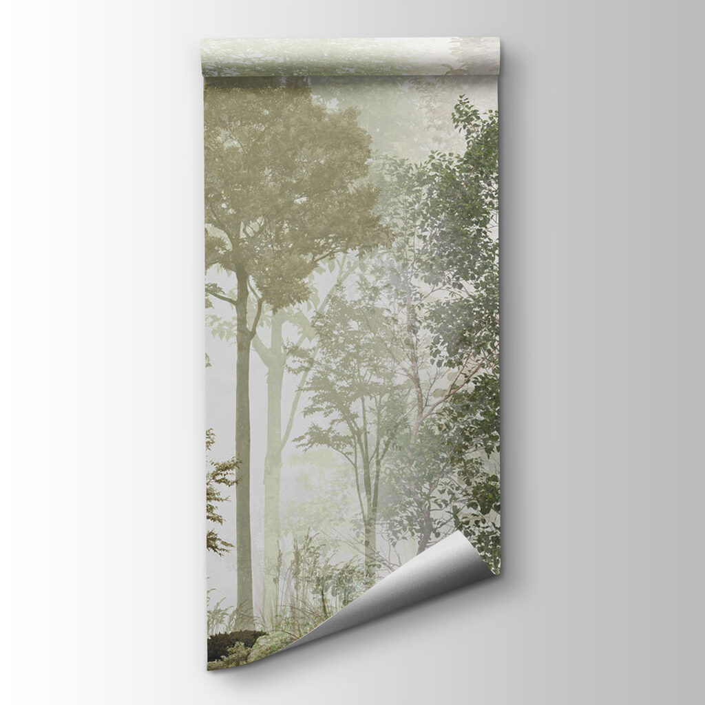 A group of trees in a foggy forest