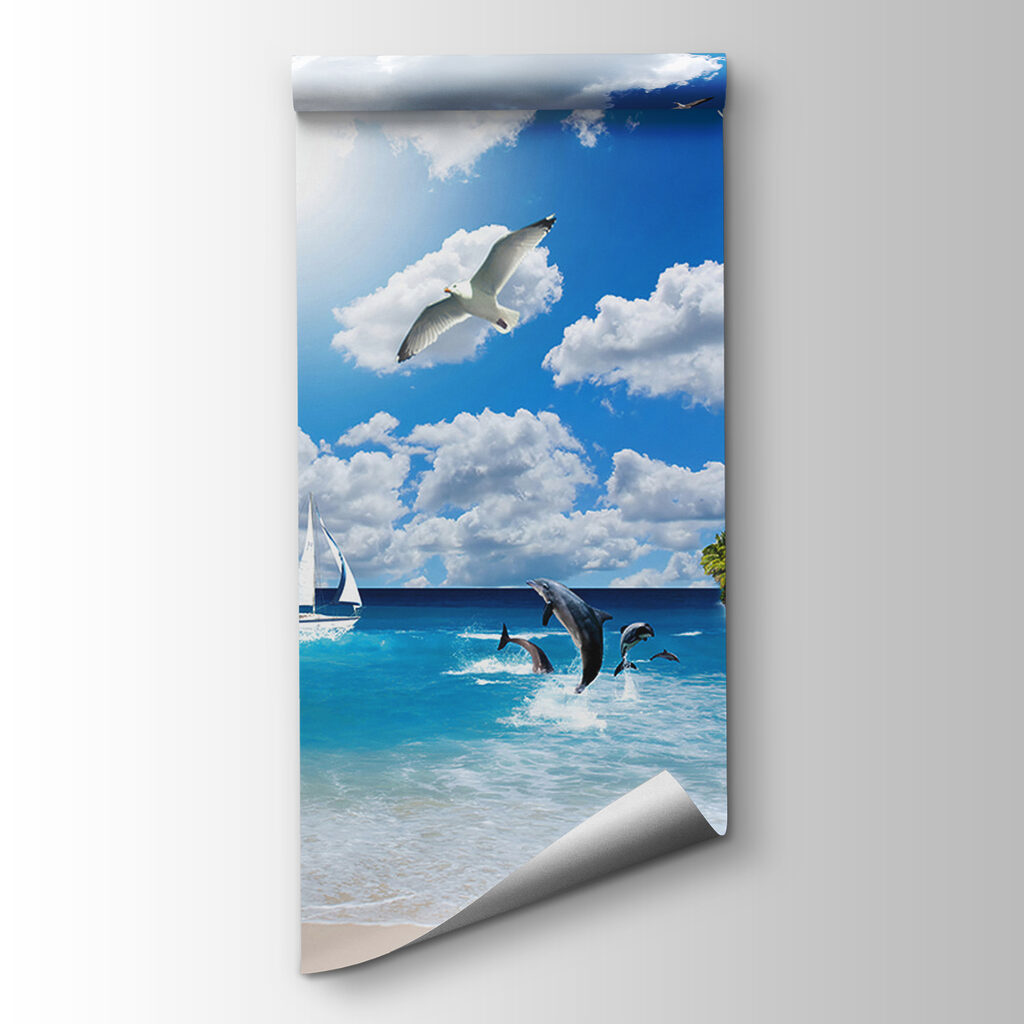 Wooden dock with palm trees and a beach with boats and dolphins Wooden dock with palm trees and a beach with boats and dolphins