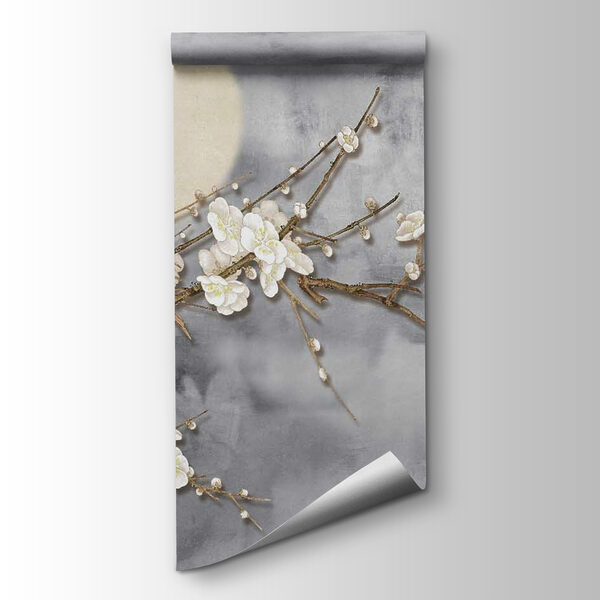 Bird on a branch with white flowers