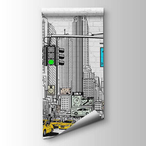 Drawing of a city street with cars and buildings Drawing of a city street with cars and buildings