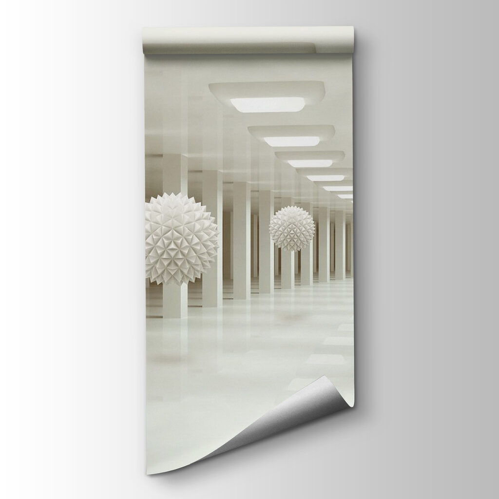 White room with white balls from the ceiling