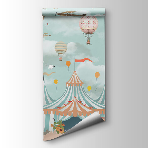 Circus tent with hot air balloons and birds