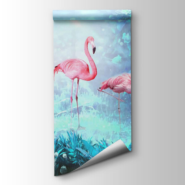 Group of pink flamingos in a forest