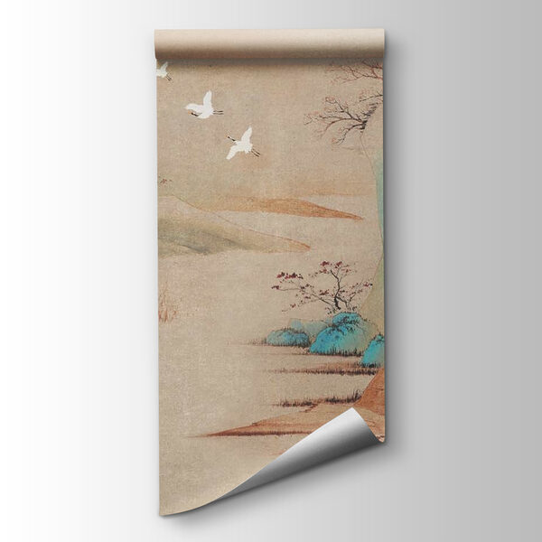 Painting of a landscape with trees and birds flying