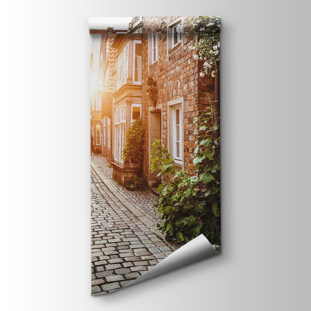 Street with buildings and tables and chairs