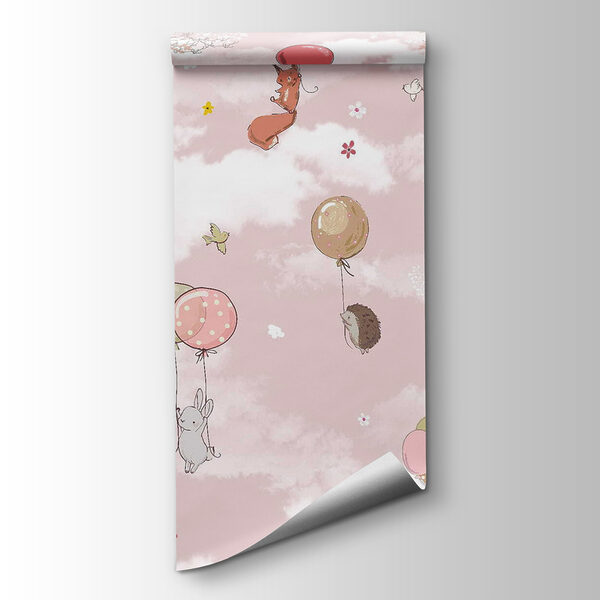 Group of animals flying with balloons in the sky