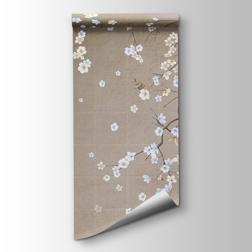 Tree branch with white and blue flowers