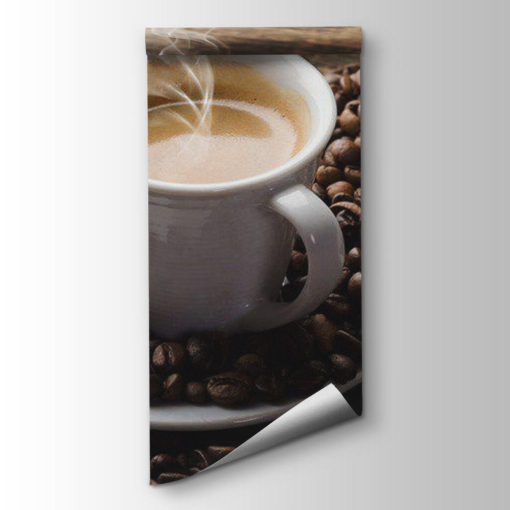 Cup of coffee on a saucer with coffee beans