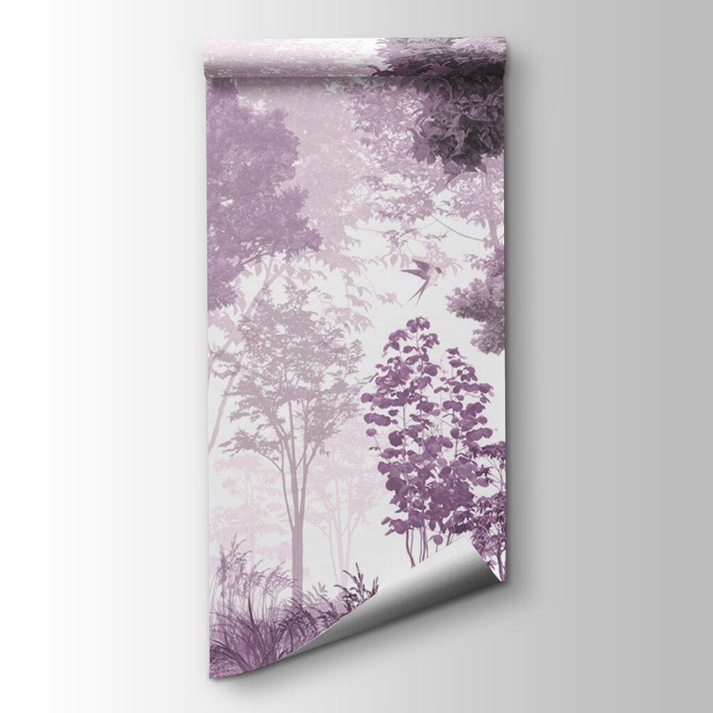 A purple and white image of trees and plants