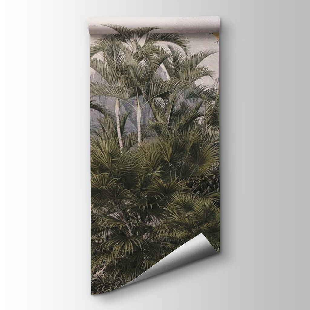 Tropical forest with palm trees and a bird flying