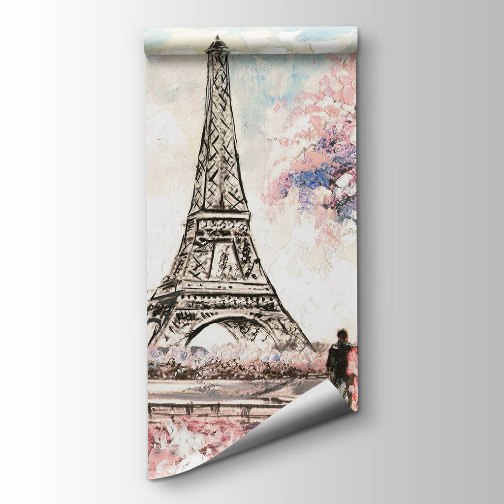 Painting of a tower with pink flowers Painting of a tower with pink flowers