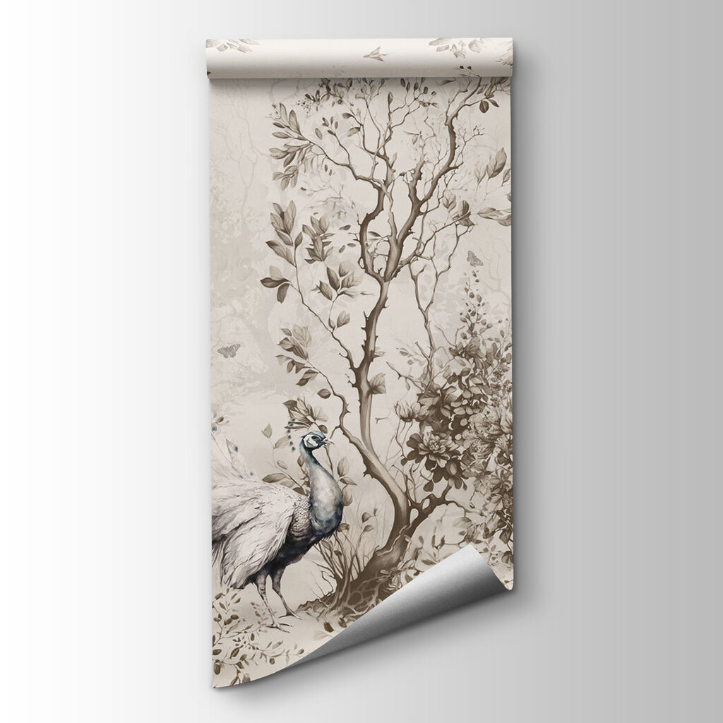 Group of white peacocks in a forest