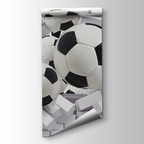 Group of football balls flying over a wall Group of football balls flying over a wall