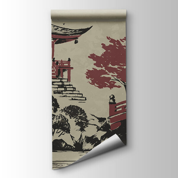 A painting of a pagoda and a bridge A painting of a pagoda and a bridge