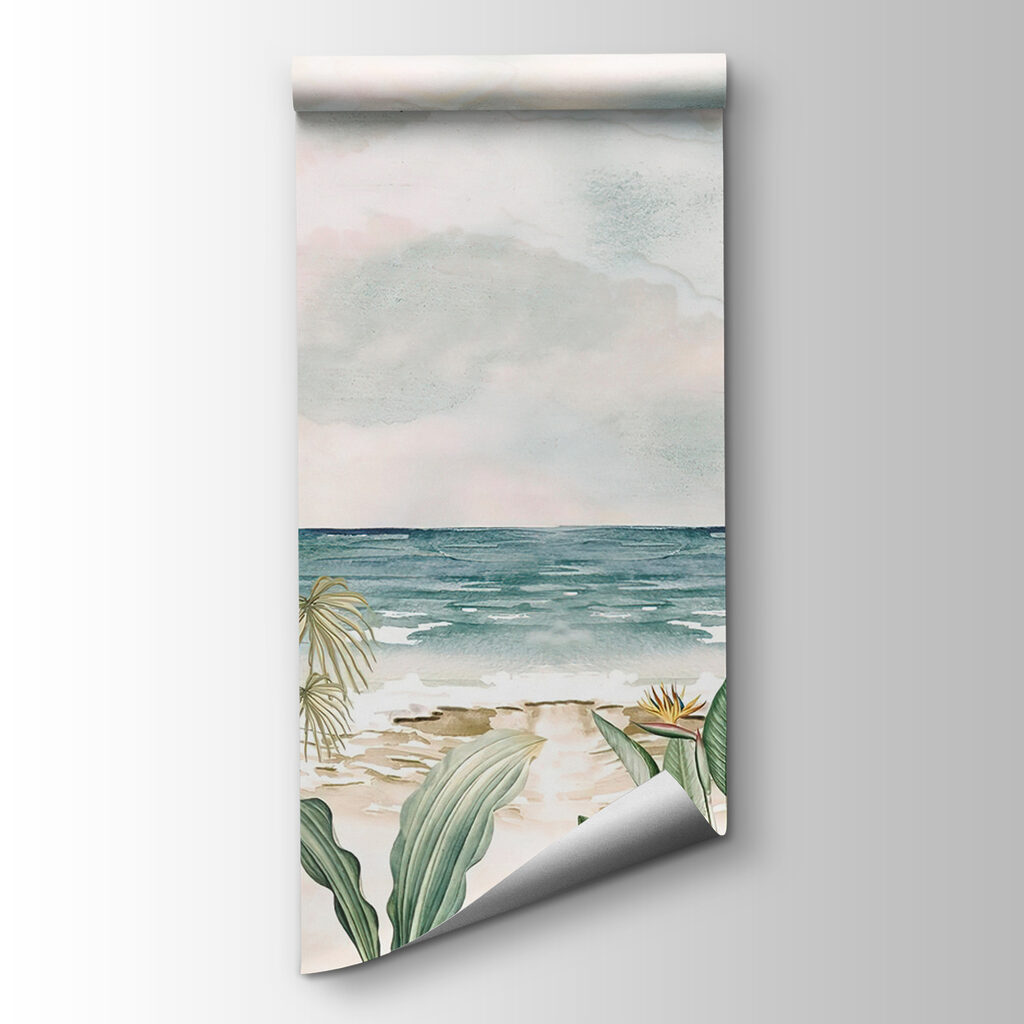 A painting of a beach with plants and a bird flying