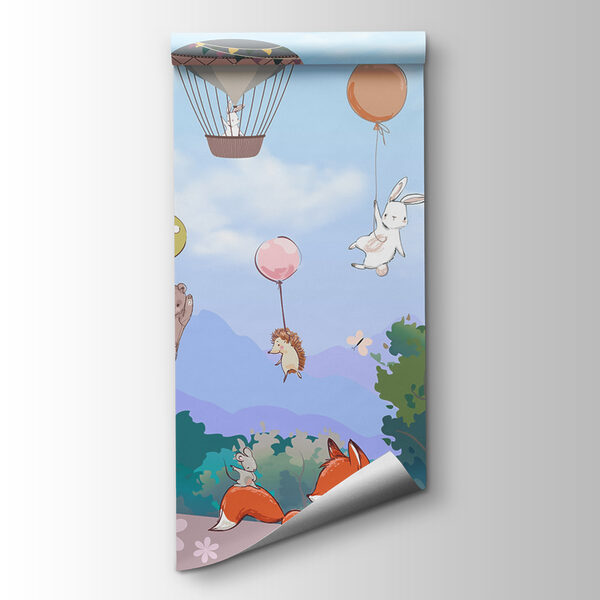 A cartoon of animals and hot air balloons