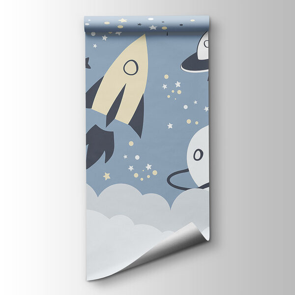 A cartoon space scene with planets and stars