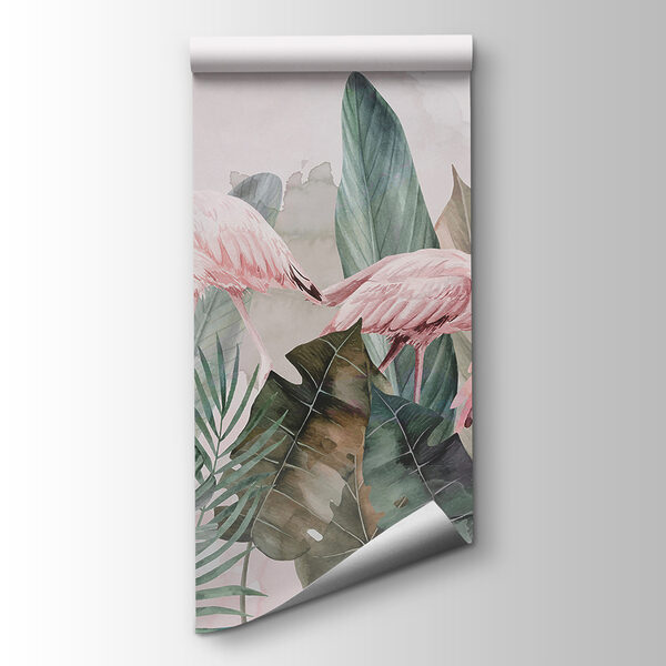 A group of pink flamingos and leaves A group of pink flamingos and leaves