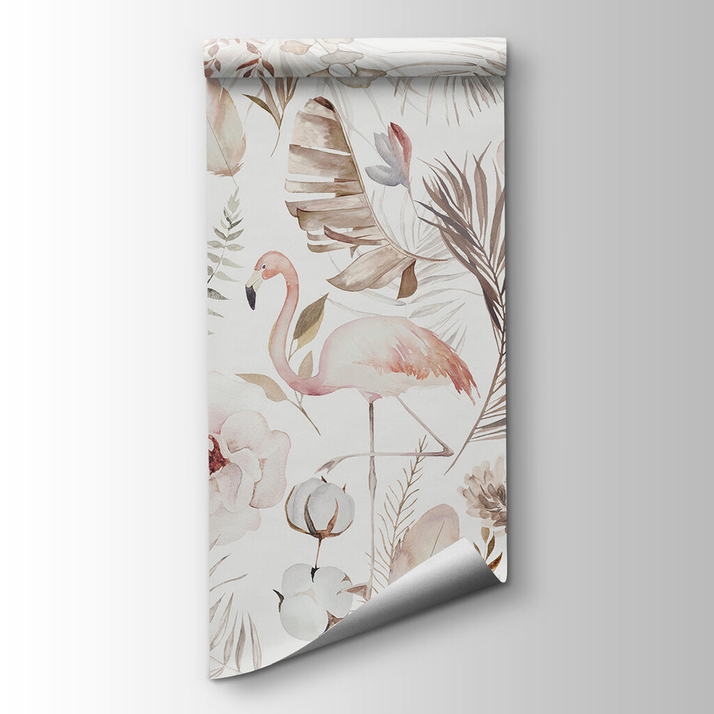 A watercolor painting of flamingos and flowers