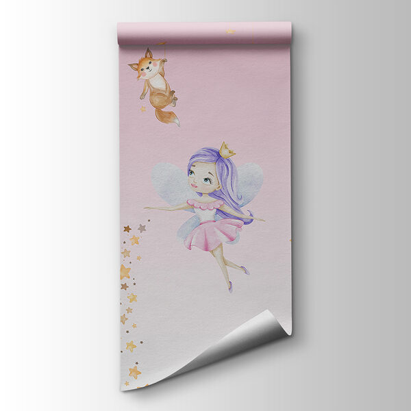A wall mural of fairies and animals