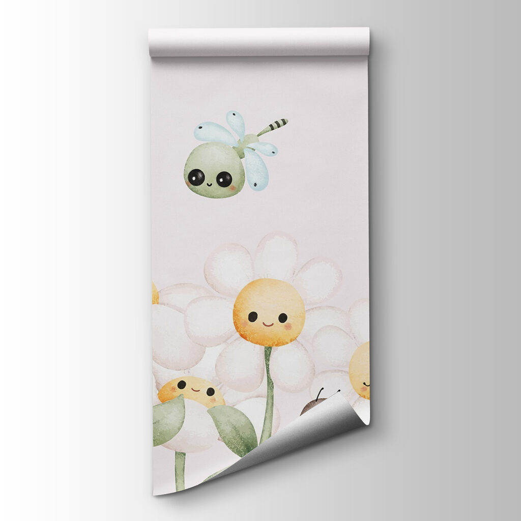 Group of cartoon bugs and flowers